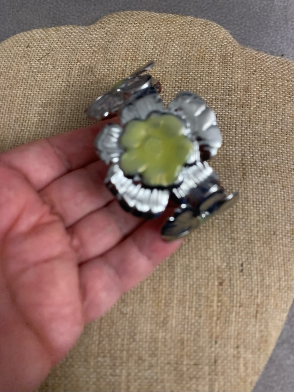 NWOT Silver Flower Cuff bracelet with Pale  Green Center